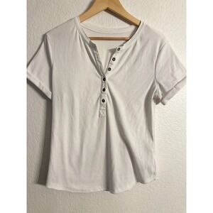 Tankaneo Henley Top Women Size L White Ribbed Short Sleeve Button Neck